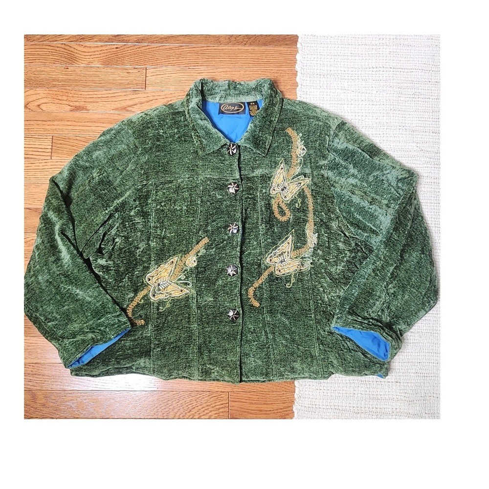 Alex Kim Chenille Embroidered Green Jacket 2X Butterfly Hippie Boho Forest Fairy